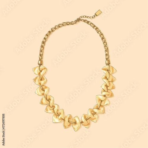 Elegant illustration of a gold statement necklace with a unique design, showcasing craftsmanship and style, against a soft peach background