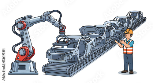 Vector illustration of an automotive factory assembly line with a robotic arm installing car parts and a worker overseeing the modern manufacturing process, isolated on a white background