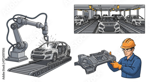 Automotive manufacturing process vector set showing robotic assembly, factory production line, and a skilled worker inspecting car parts