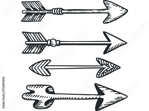 Set of four hand-drawn arrow symbols. Vector hand drawn illustration