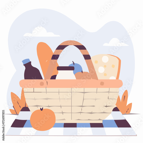 Charming illustration of a picnic basket filled with food items like fruits, milk, and bread, creating a cozy outdoor atmosphere, against a light background