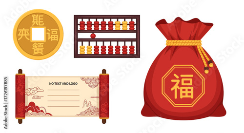 Essential vector collection of traditional Chinese prosperity symbols, featuring an iconic abacus, golden coin, festive red lucky bag, and ornate scroll for cultural celebrations