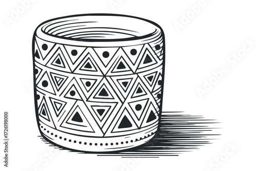 Tribal Patterned Cylindrical Vessel Sketch with Shadow. Vector hand drawn illustration