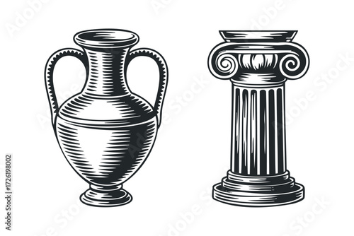 Ancient Greek Amphora and Ionic Column. Vector hand drawn illustration