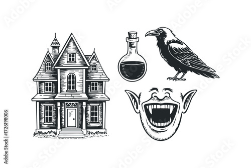 Haunted house and spooky symbols graphic. Vector hand drawn illustration