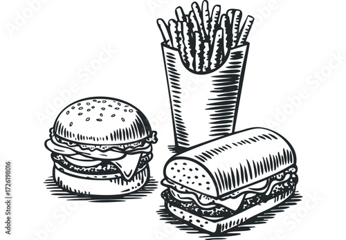 Hand drawn hamburger, sandwich, and french fries in a box. Vector hand drawn illustration