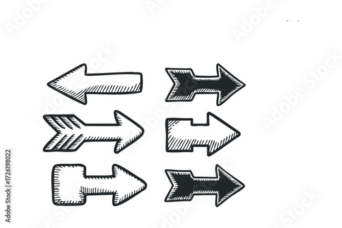 Set of six hand drawn directional arrows pointing left and right. Vector hand drawn illustration