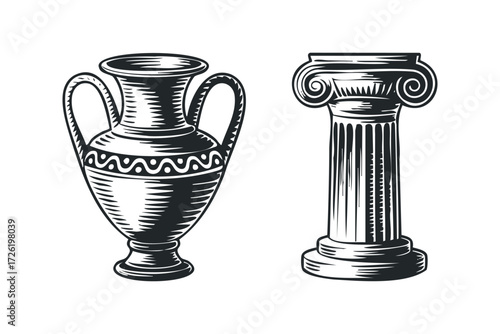 Ancient Greek amphora and Ionic column fragment. Vector hand drawn illustration