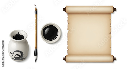 Chinese Painting Supplies Bamboo Brush, Inkwell, and Scroll on White Background