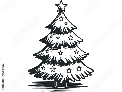 Sketch of decorated Christmas tree with star topper and ornaments. Vector hand drawn illustration