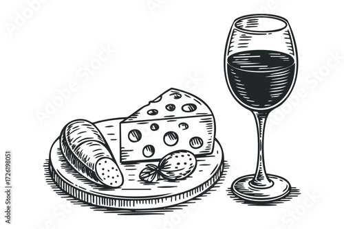Sketch of Cheese, Sausage, and Wine. Vector hand drawn illustration