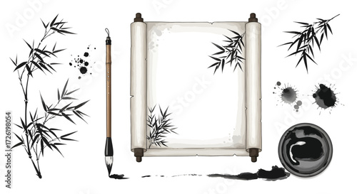 Vector set of Chinese Calligraphy Elements, Bamboo, Ink Splatters, and Scroll Paper