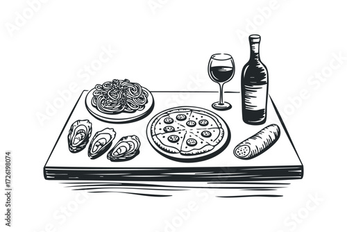 Food and drink spread with pizza, pasta, oysters, wine bottle and glass. Vector hand drawn illustration