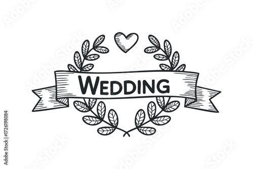 Hand Drawn Wedding Laurel Wreath with Heart. Vector hand drawn illustration
