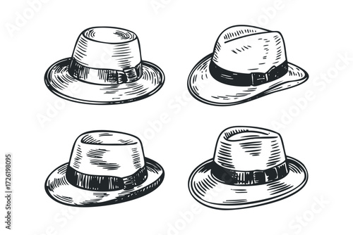 Four Hand-Drawn Fedora Hats with Ribbons. Vector hand drawn illustration