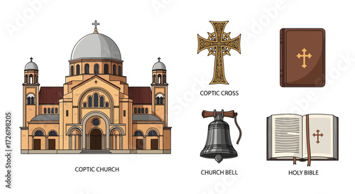 Illustration of Coptic Church, Cross, Bell, and Bible, Ideal for Religious Designs