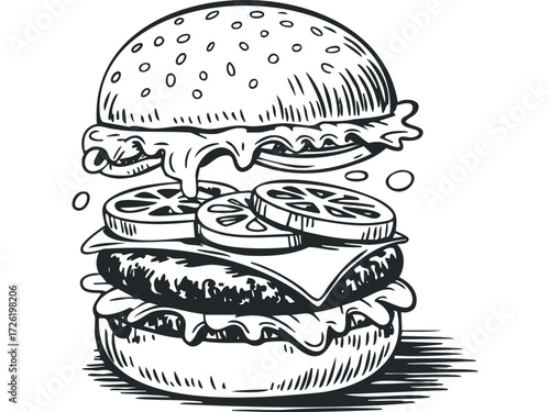 Sketchy Style Hamburger with Dripping Cheese and Tomato Slices. Vector hand drawn illustration