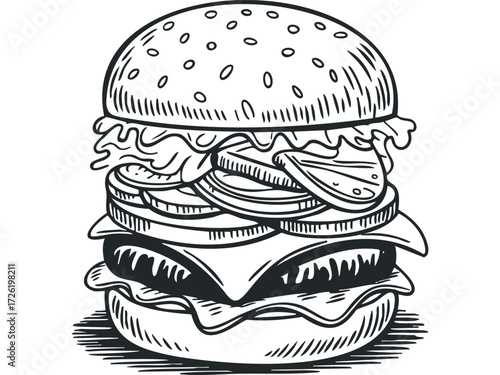 Hand Drawn Sketch of a Multi-Layered Burger. Vector hand drawn illustration