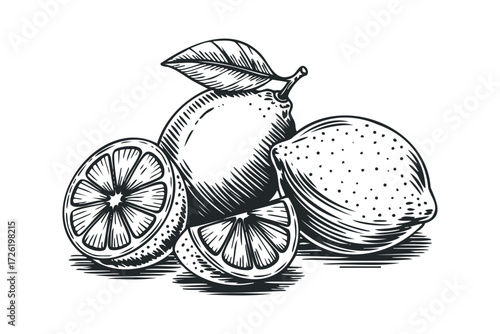 Group of Lemons and Slices with Leaf. Vector hand drawn illustration