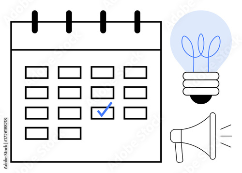 Calendar with marked date, light bulb symbolizing idea, and megaphone for communication. Ideal for scheduling, productivity, planning, innovation, organization reminders marketing. Simple flat