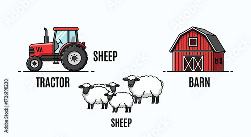 Farm animals, tractor, and barn illustration on a white background