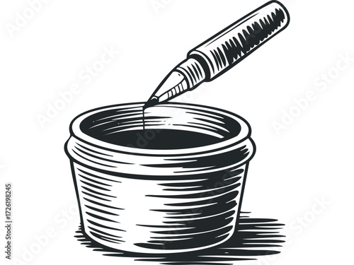 Brush dipping into ink pot. Vector hand drawn illustration