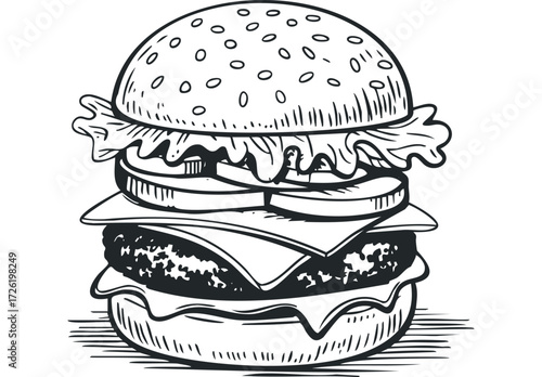 Classic Hamburger with Sesame Seed Bun and Toppings. Vector hand drawn illustration