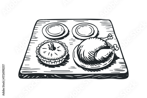 Hand-drawn holiday dinner with roasted turkey and pumpkin pie. Vector hand drawn illustration