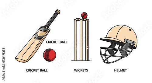 Comprehensive Vector Set of Cricket Game Equipment, Featuring Bat, Ball, Wickets, and Protective Helmet for Sports Enthusiasts