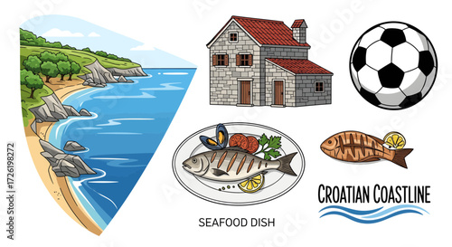 Vibrant vector collection showcasing coastal charm, traditional stone architecture, delicious seafood, and popular sports elements for travel and tourism concepts