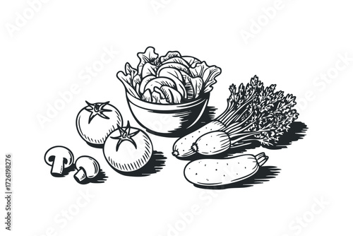 Fresh Produce Arrangement. Vector hand drawn illustration