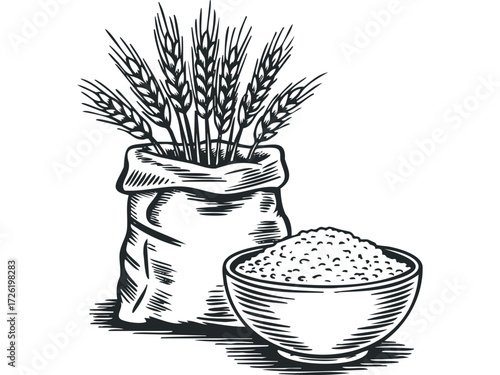 Sack of Grain with Bowl of Cereal. Vector hand drawn illustration