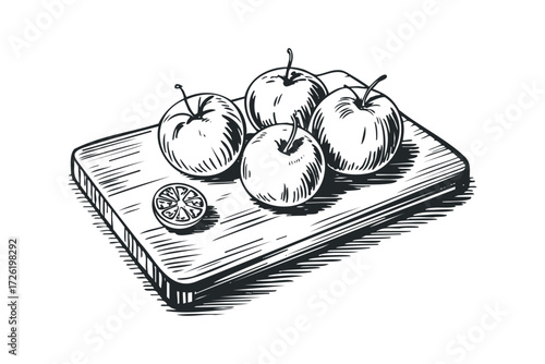 Four Apples and Lemon Slice on Wood Board. Vector hand drawn illustration