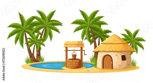 Illustration of a tranquil oasis with palm trees, a traditional well, and a thatched-roof hut in a desert landscape