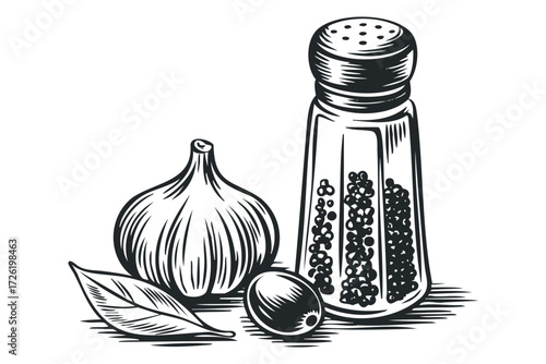 Garlic bulb, olive and peppercorn shaker on white surface. Vector hand drawn illustration