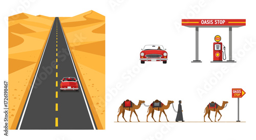 Desert travel illustration with a classic car, an oasis gas station, and traditional camel caravans on a long road
