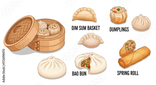 A vibrant vector collection of popular Asian dim sum dishes, including steamed dumplings, savory bao buns, and crispy spring rolls, perfect for menus and culinary designs