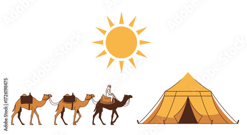 Vibrant vector illustration showcasing a desert expedition, complete with a camel caravan, traditional tent, and a shining sun in the vast arid landscape
