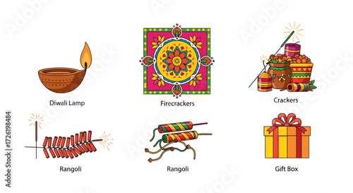 Vibrant vector set of Indian festival celebration elements, featuring traditional decorative oil lamps, colorful rangoli designs, festive firecrackers, and a wrapped gift box