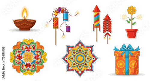 Vibrant vector set of traditional Indian festival elements, including glowing lamps, intricate rangoli patterns, festive firecrackers, and decorative gift boxes