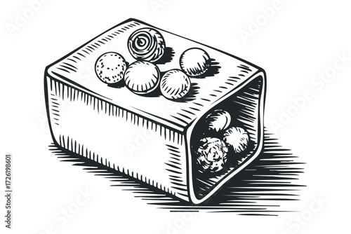 Box with small round treats. Vector hand drawn illustration