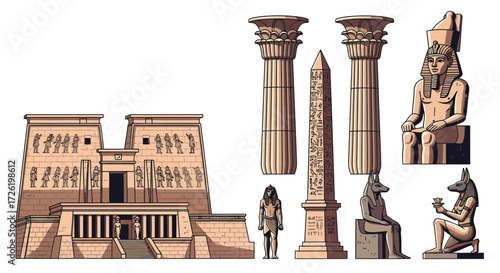 Detailed vector illustration set showcasing ancient Egyptian architectural marvels including temples, obelisks, and various mythological statues