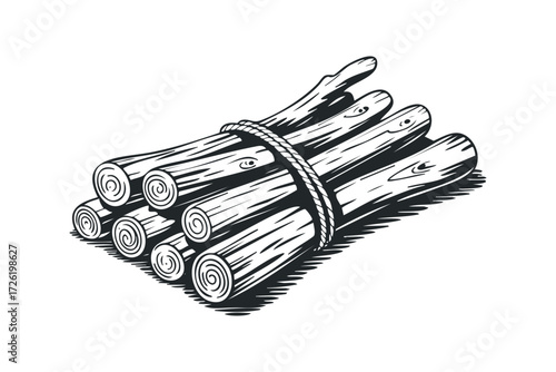 Bundle of firewood tied with rope. Vector hand drawn illustration