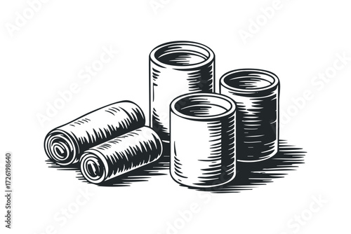 Vintage sketch of metal cans and rolled tubes. Vector hand drawn illustration