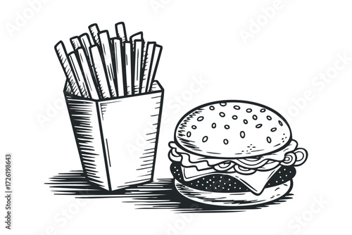 Hand Drawn Burger and Fries in Container. Vector hand drawn illustration