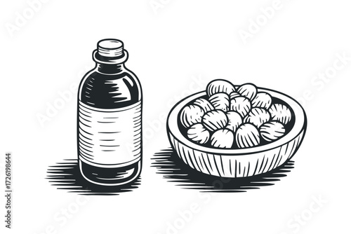Black and white woodcut style illustration of jar with label and bowl of meatballs. Vector hand drawn illustration