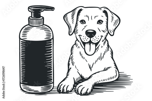 Happy puppy with bottle of grooming product. Vector hand drawn illustration