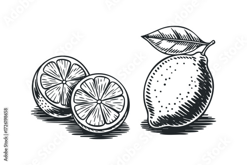 Lemon fruit and slices with leaf in sketch style. Vector hand drawn illustration