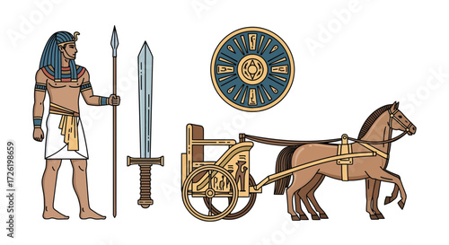 Vector set of ancient Egyptian historical elements pharaoh, horse chariot, sword, and shield