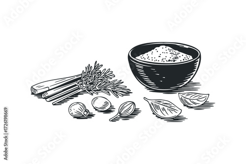 Ingredient collection with herbs and spices. Vector hand drawn illustration